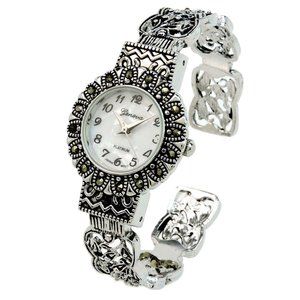 Silver Black Vintage Style Marcasite Round Face Bangle Cuff Watch for Women